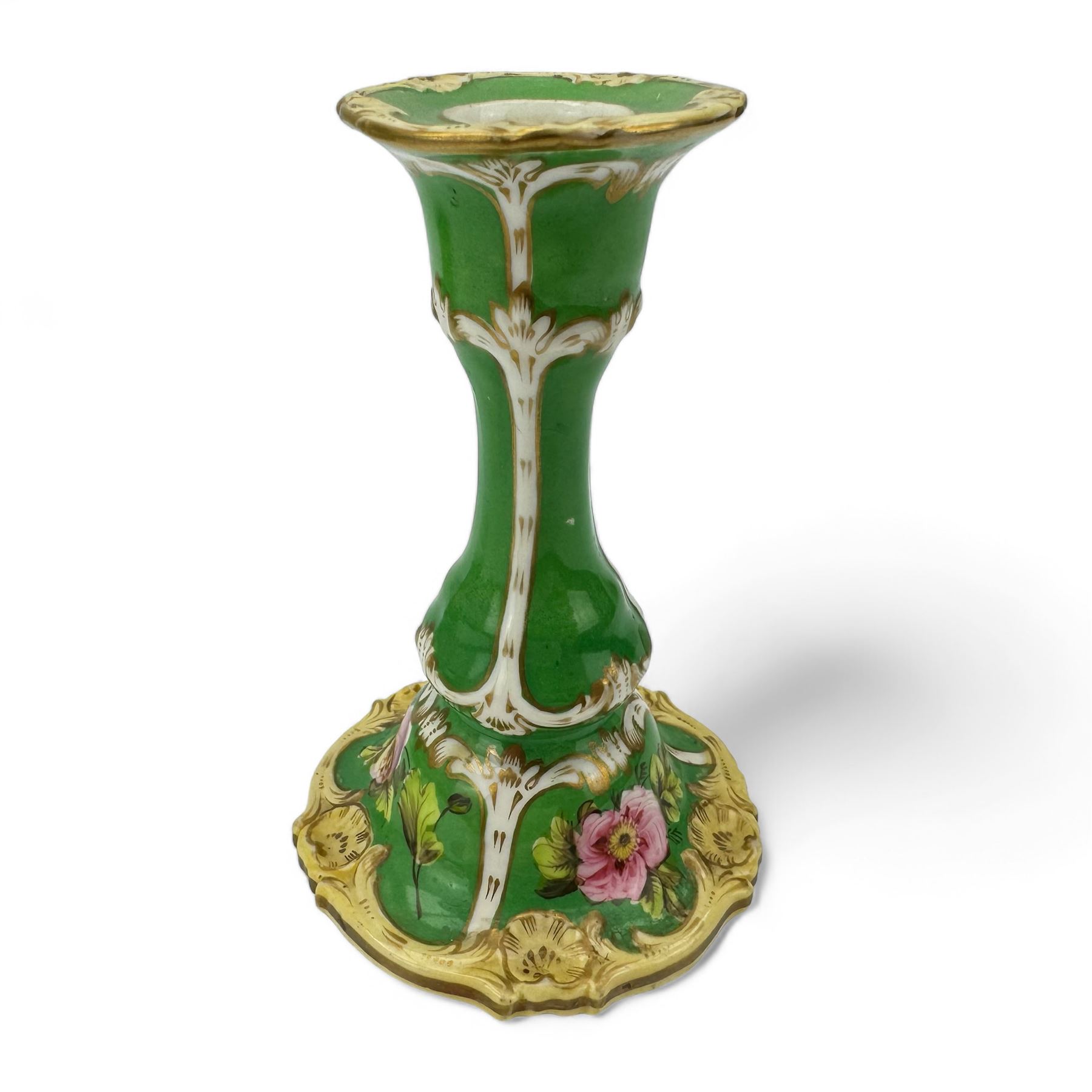 19th century bottle vase and associated cover, the body hand painted with a view of Inveraray Castle, against a green ground, H24cm, pair of green ground spill vases, with floral encrusted banding, H10cm, together with a pair of green ground candlesticks, probably Coalport (5)