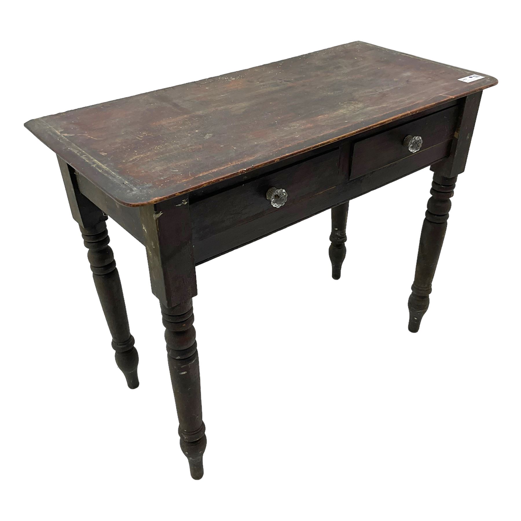 Victorian painted pine side table, moulded rectangular top over two drawers, on turned supports 