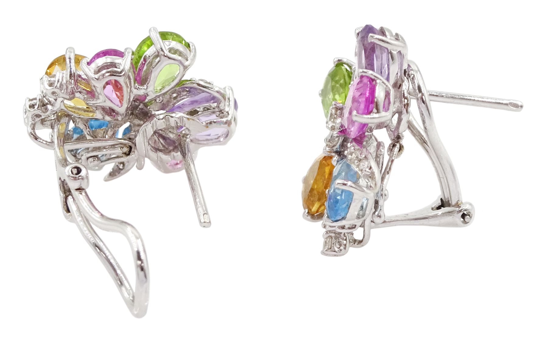 Pair of 18ct white gold multi gemstone set flower design earrings, round brilliant cut diamond, with pear cut pink sapphire, peridot, citrine, blue topaz and amethyst petals, total diamond weight 0.46 carat