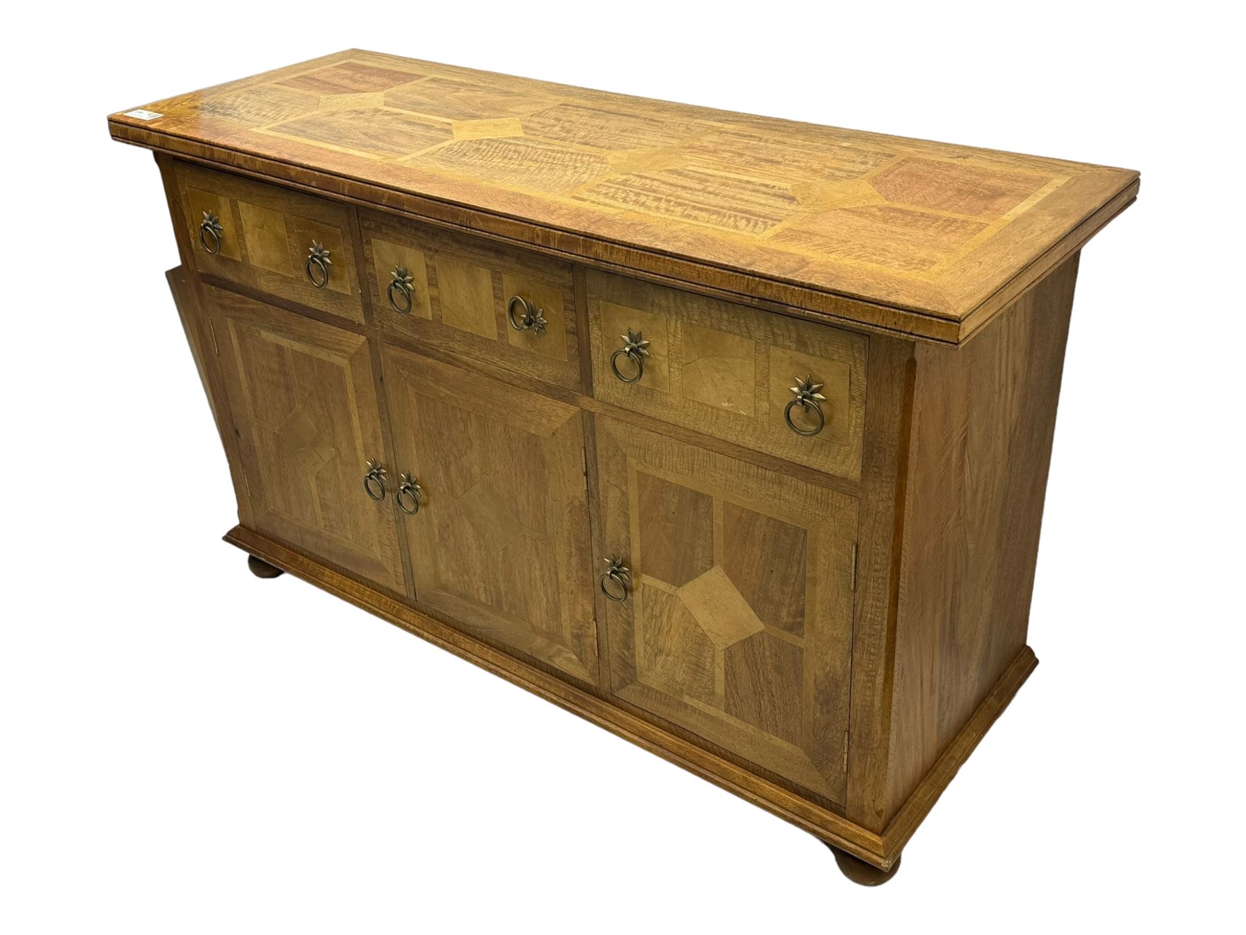 Barker & Stonehouse ‘Flagstone’ range mango wood sideboard, fluted rectangular top above three drawers and three cupboards with geometric inlay, on bun feet