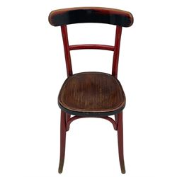 Pair of early 20th century bentwood chairs, curved bar back over panelled seat, in red and black paint finish 