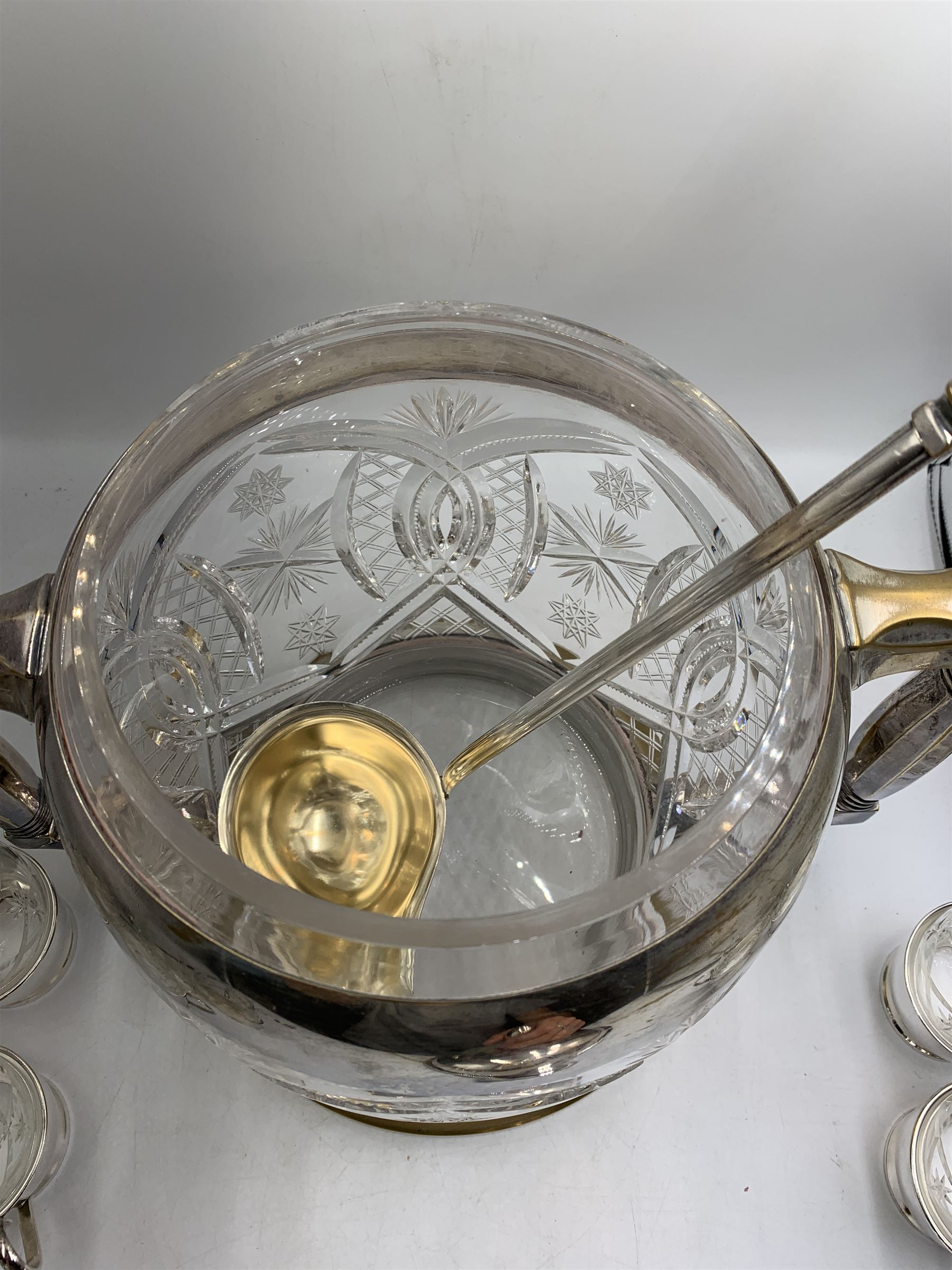 Art Deco German silver plate and cut glass punch bowl & cover, with ladle and twelve cut glass and silver plate cups, makers marks for Badische Metallwarenfabrik