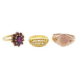 Early 20th century 18ct gold five stone diamond ring, 9ct rose gold signet ring, Birmingham 1912 and 1918 and a later 9ct gold garnet cluster ring, all hallmarked