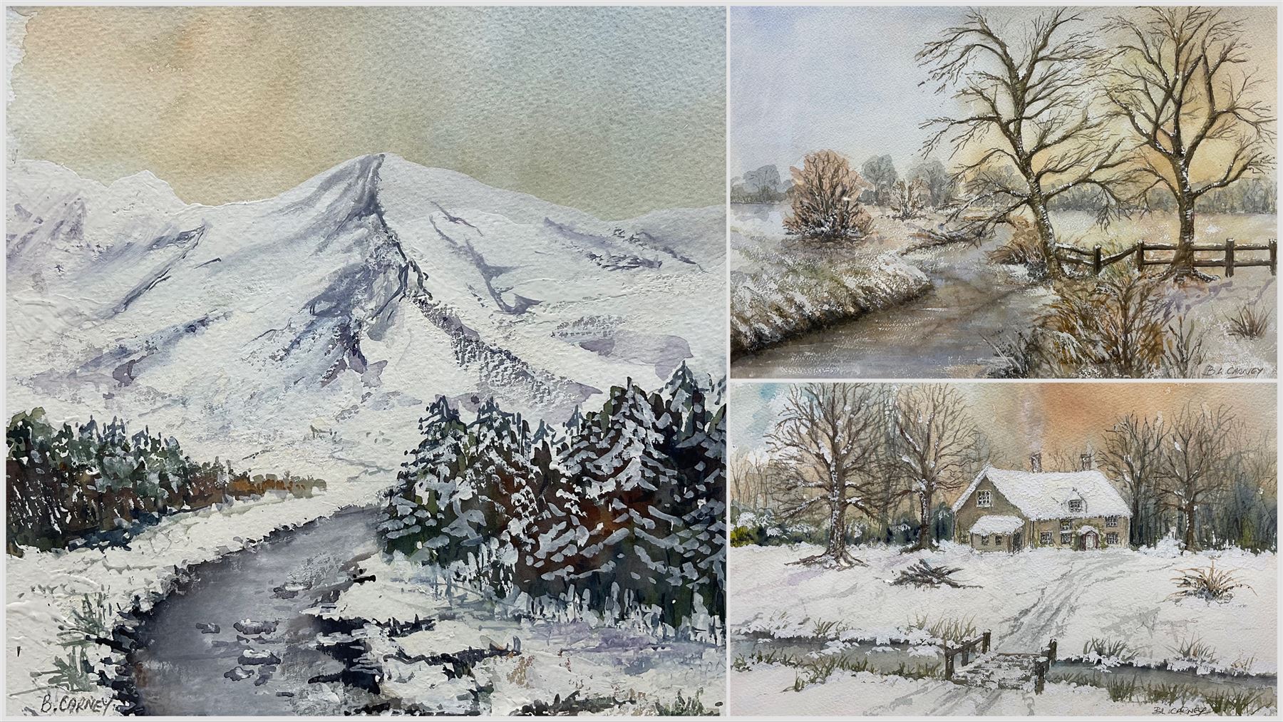 Blanche Carney (British 20th Century): Winter Scenes and 'The Cod Beck in Winter', set of three watercolours signed, variously titled and dated max 25cm x 35cm (3)