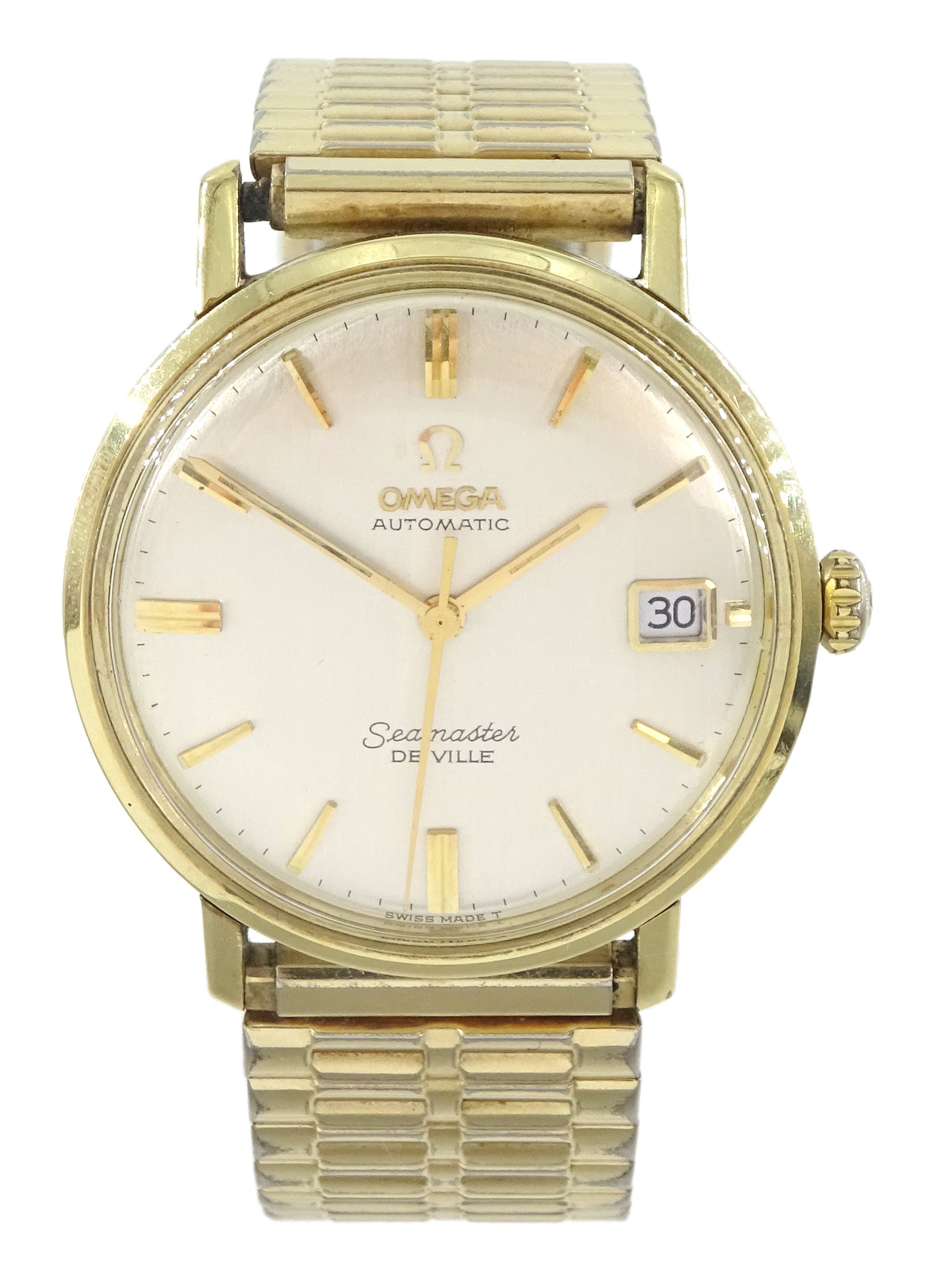 Omega Seamaster De Ville gentleman's gold capped and stainless steel automatic wristwatch, silvered dial with baton hour markers and date aperture, on expanding gilt strap