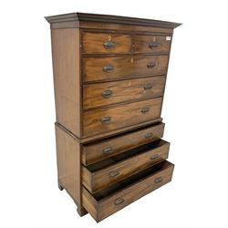 Early 19th century mahogany chest-on-chest, projecting cornice over banded frieze, fitted with two short over six long graduating cock-beaded drawers with bone and timber escutcheons, on bracket feet