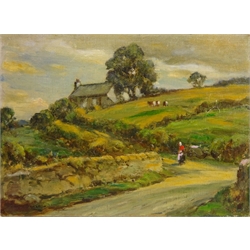  Owen Bowen (Staithes Group 1873-1967): Cottage on a Hillside, oil on artist's board signed 28cm x 38cm (unframed)  