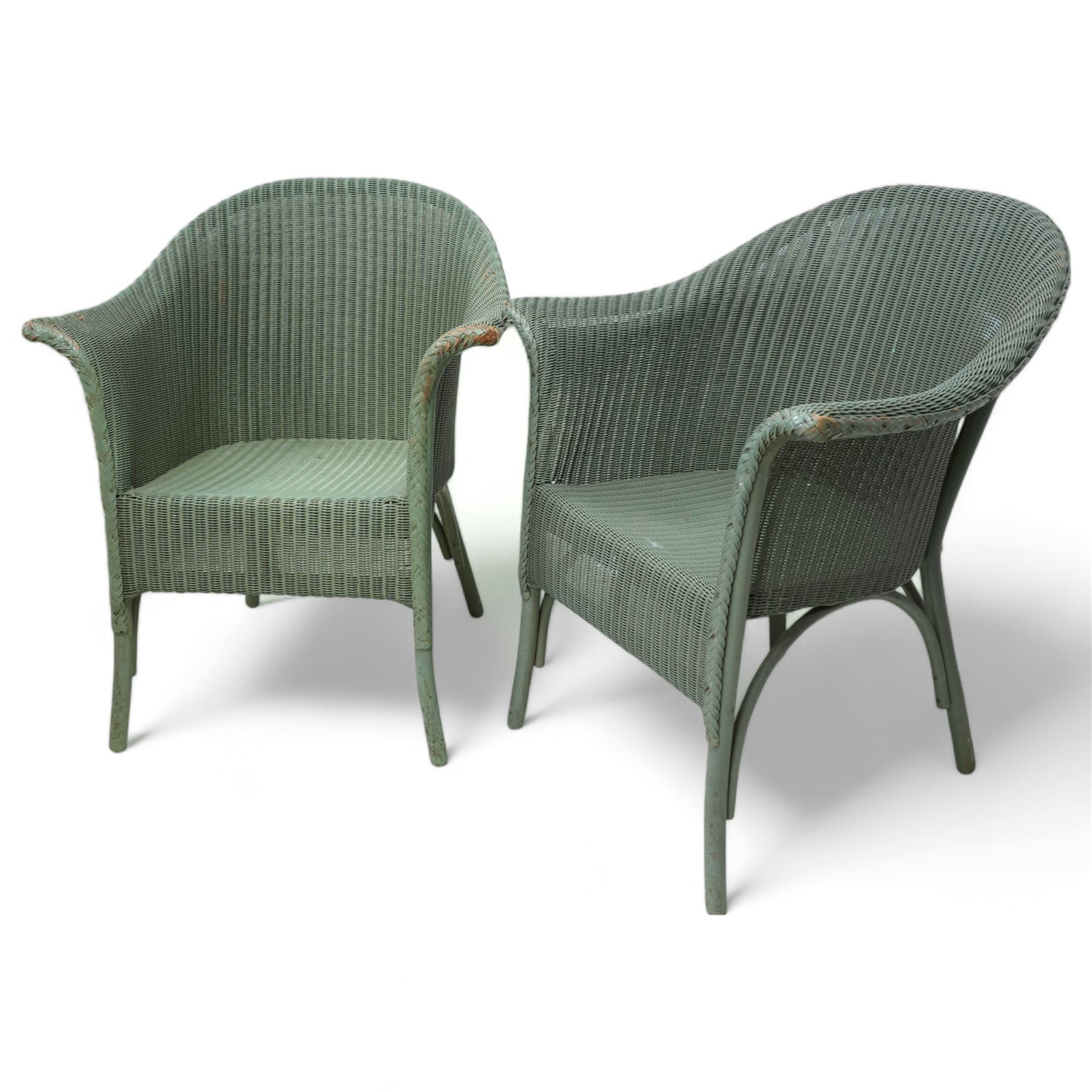 Lloyd Loom - pair of wickerwork armchairs, in painted sage green finish