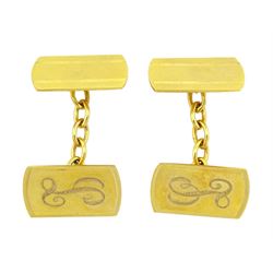 Pair of 9ct gold engine turned cufflinks, engraved with initial 'L', Birmingham 1990