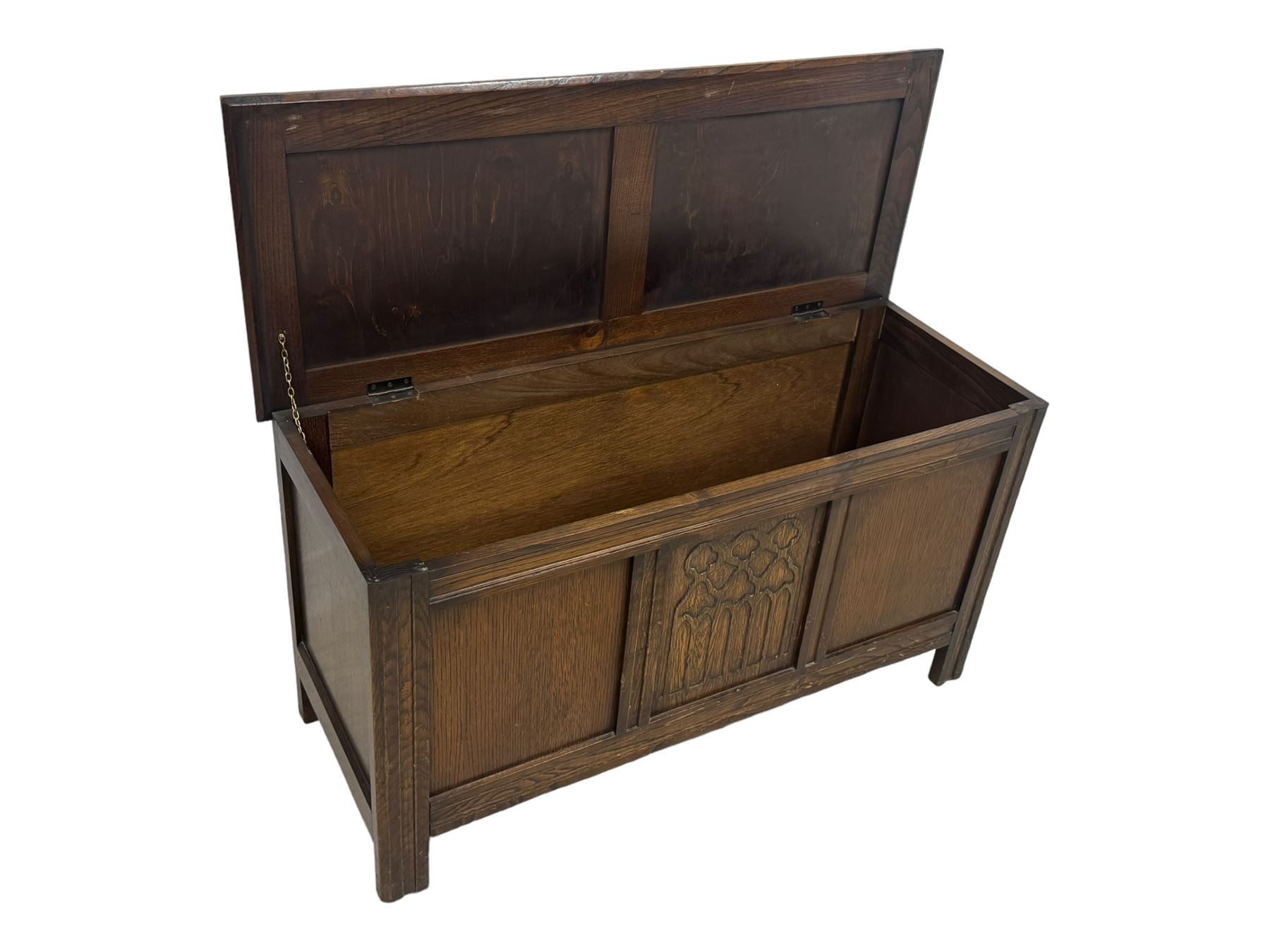 17th century design oak blanket chest, panelled hinged lid over panelled front, moulded frame, on stile supports