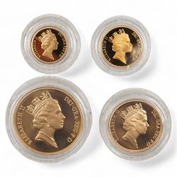 Queen Elizabeth II 1990 gold proof sovereign four coin collection, comprising half sovereign, sovereign, double sovereign and five pounds, cased with certificate