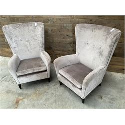 2 x Wing back armchair upholstered in silver crushed velvet fabric