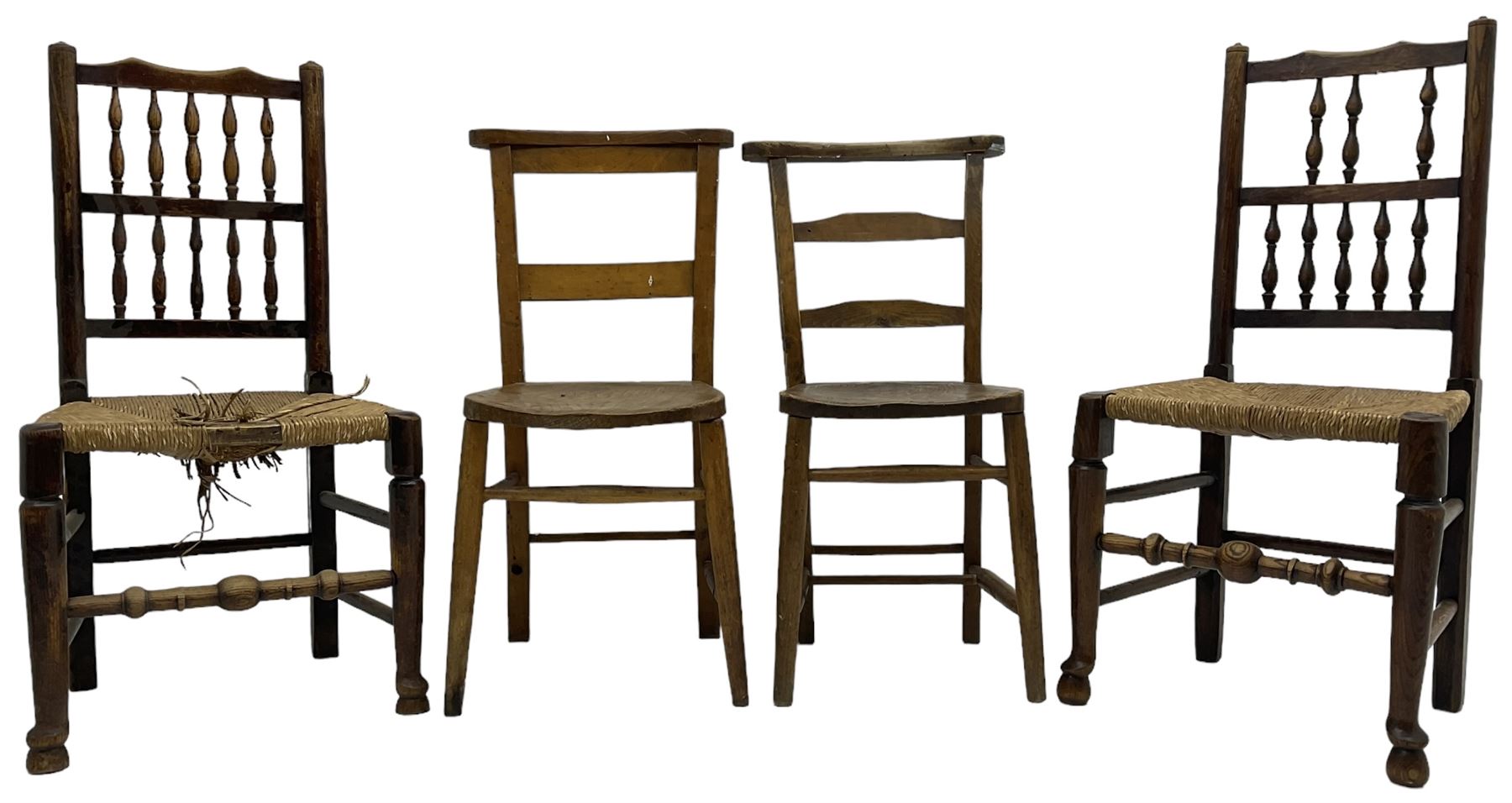 Collection of chairs - five 19th century elm spindle back chairs with rush seats; two chapel chairs (7)