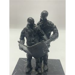 20th century bronze sculpture, modelled as two figures reading, upon a black and white marble base, H14cm