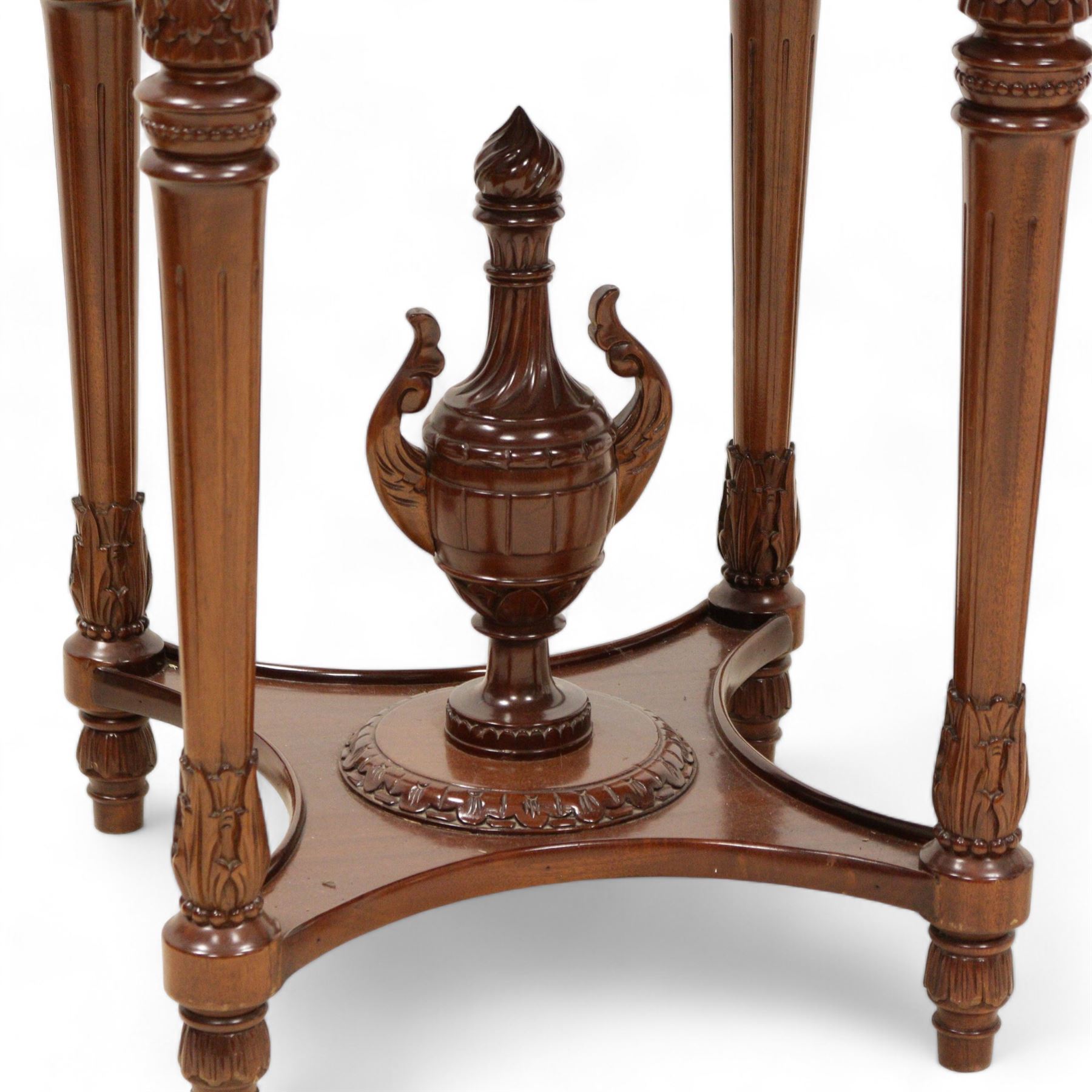 Regency design carved mahogany breakfront console table, white veined marble top