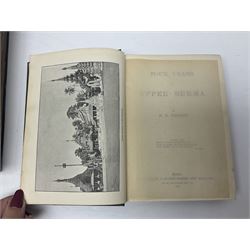 Burma and North East India - twenty books including The Burmese Empire by Father Sangermano. 1893; My Three Years in Manipur by Ethel St. Clair Grimwood. 1892; Shans at Home by Mrs. Leslie Milne. 1910; Four Years in Upper Burma by W.R. Winston. 1892; The Soul of People by H. Fielding. 1898; History of Upper Assam, Upper Burmah and North-Eastern Frontier by L.W. Shakespear. 1914; and fourteen others (20)