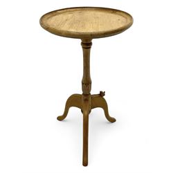 Wrenman - oak tripod wine table, circular moulded top on turned stem carved with leaves, on three shaped splayed supports, carved with wren signature, by Robert 'Bob' Hunter, Thirlby, Thirsk