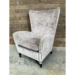 2 x Wing back armchair upholstered in silver crushed velvet fabric