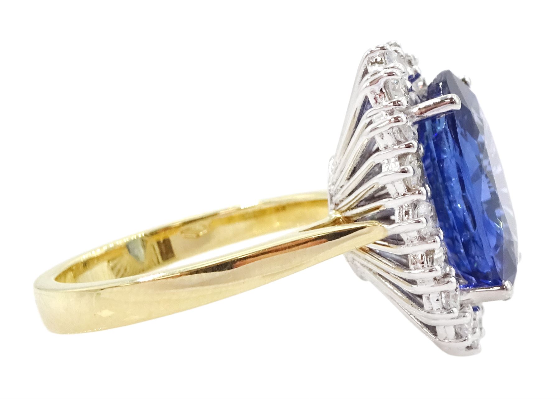 18ct gold oval cut unheated sapphire and round brilliant cut diamond ring, sapphire 7.46 carat, total diamond weight approx 0.70 carat, with Reunigem-Lab report