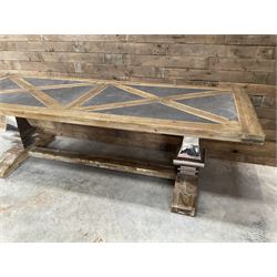 Large rectangular rustic wood and tile effect dining table, chrome pillars on stretcher base