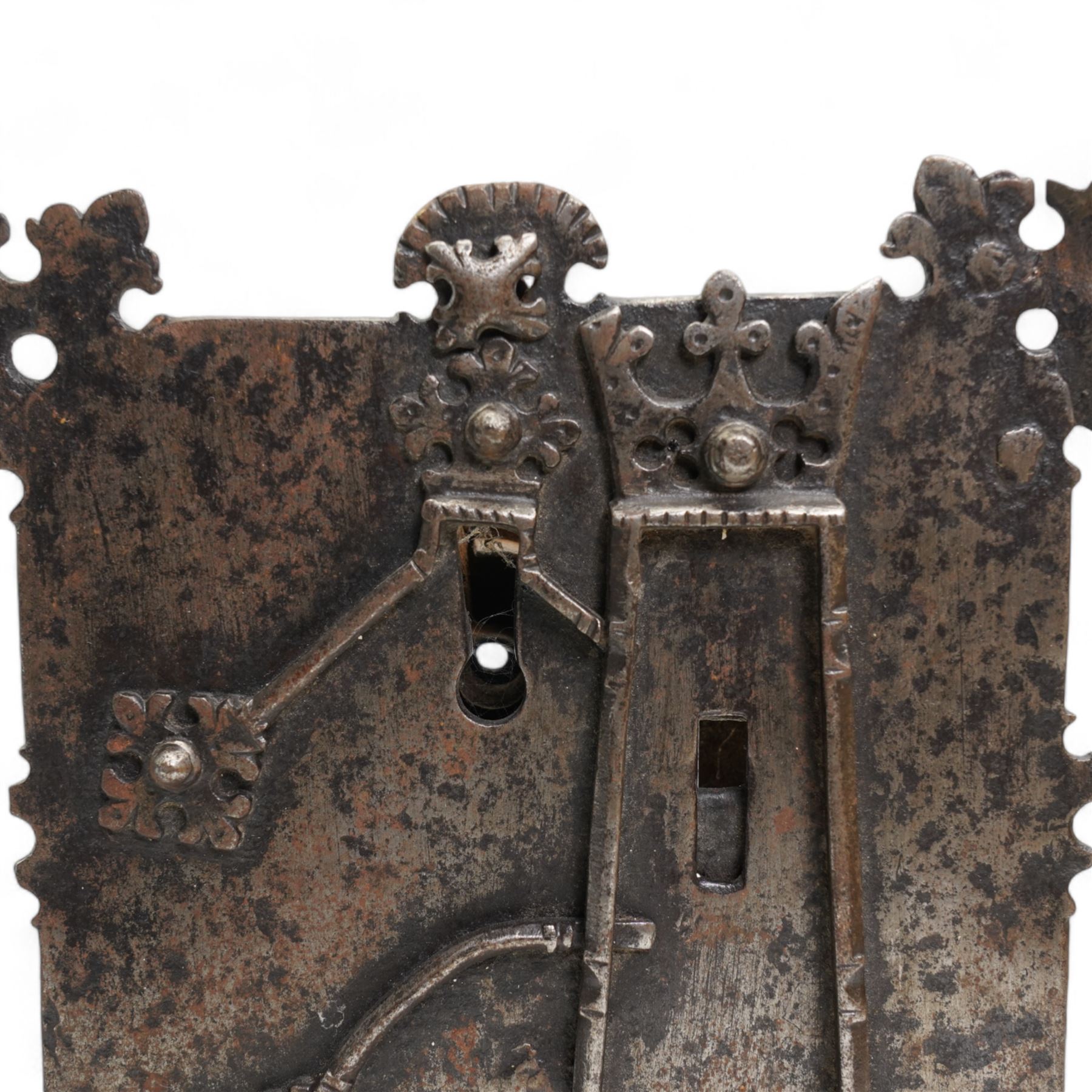 Antique iron door lock plate, lacking key, 17cm x 18cm