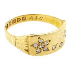 Edwardian 18ct gold rubover set diamond floral band, Chester 1911