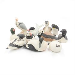 Group of eleven Scottish 'Isle of Arran' bisque porcelain birds, to include Great Northern Diver, Eider, great Crested Greebe, Artic Tern, King Penguin, etc.
