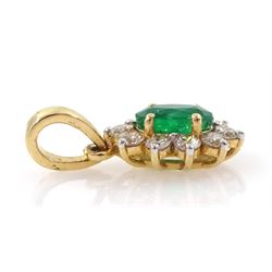 18ct gold oval cut emerald and round brilliant cut diamond pendant, stamped, emerald approx 0.55 carat, total diamond weight approx 0.30 carat