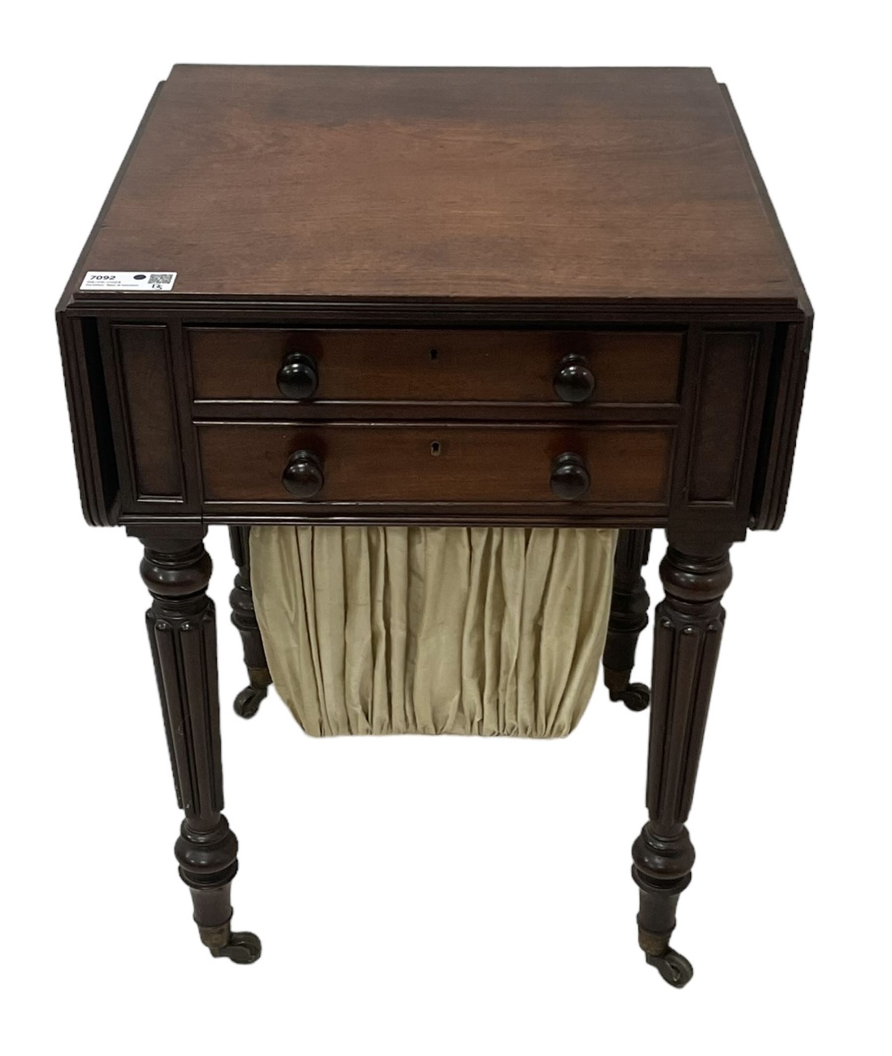 19th century mahogany drop-leaf work table, rectangular top with rounded corners, fitted with two cock-beaded drawers over pleated silk storage well, with matching opposing faux drawers, on turned and lobe moulded supports on castors