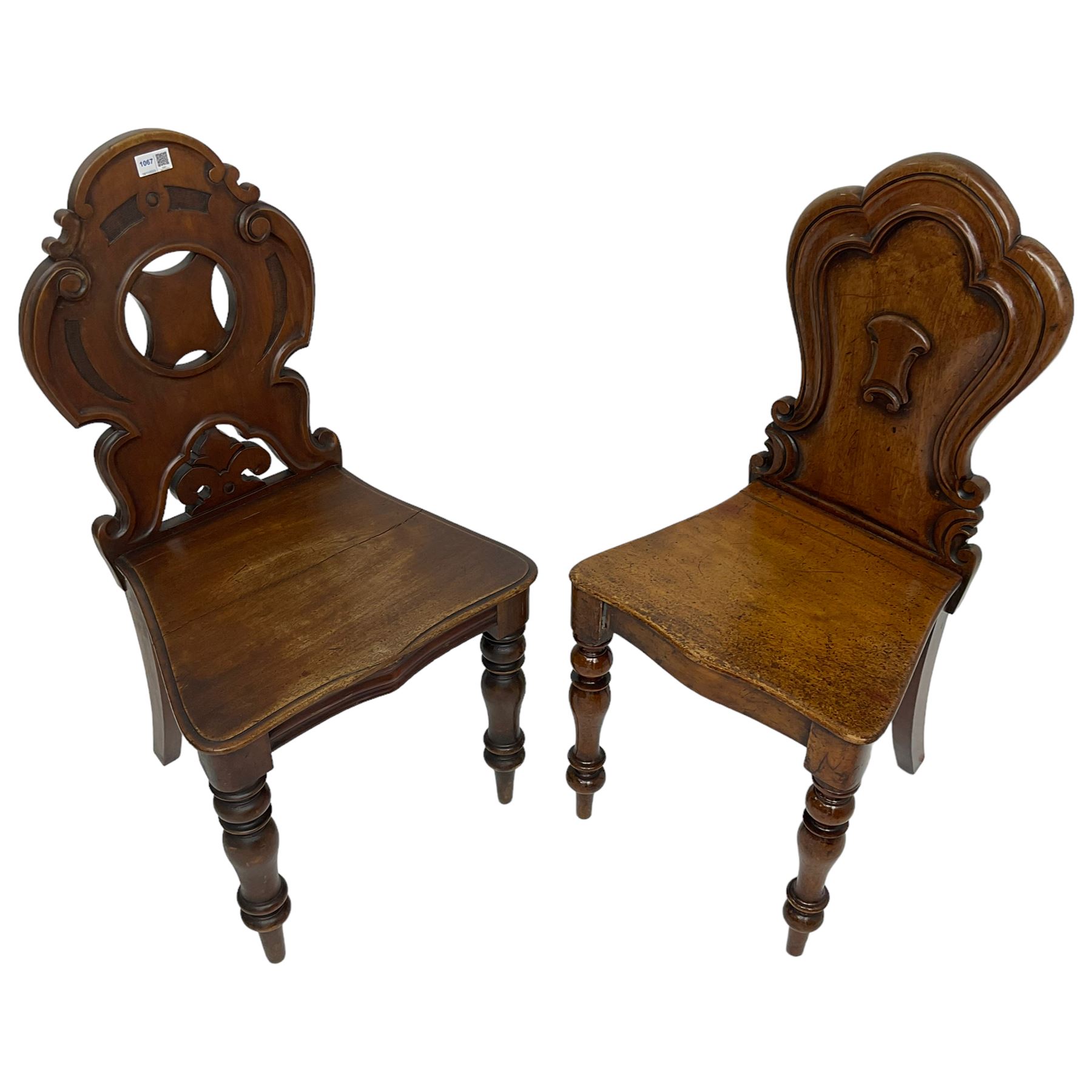 19th century mahogany hall chair, pierced and carved shaped back decorated with C-scrolls, solid seat raised on turned supports (W46cm H88cm); together with another similar (W41cm H87cm)