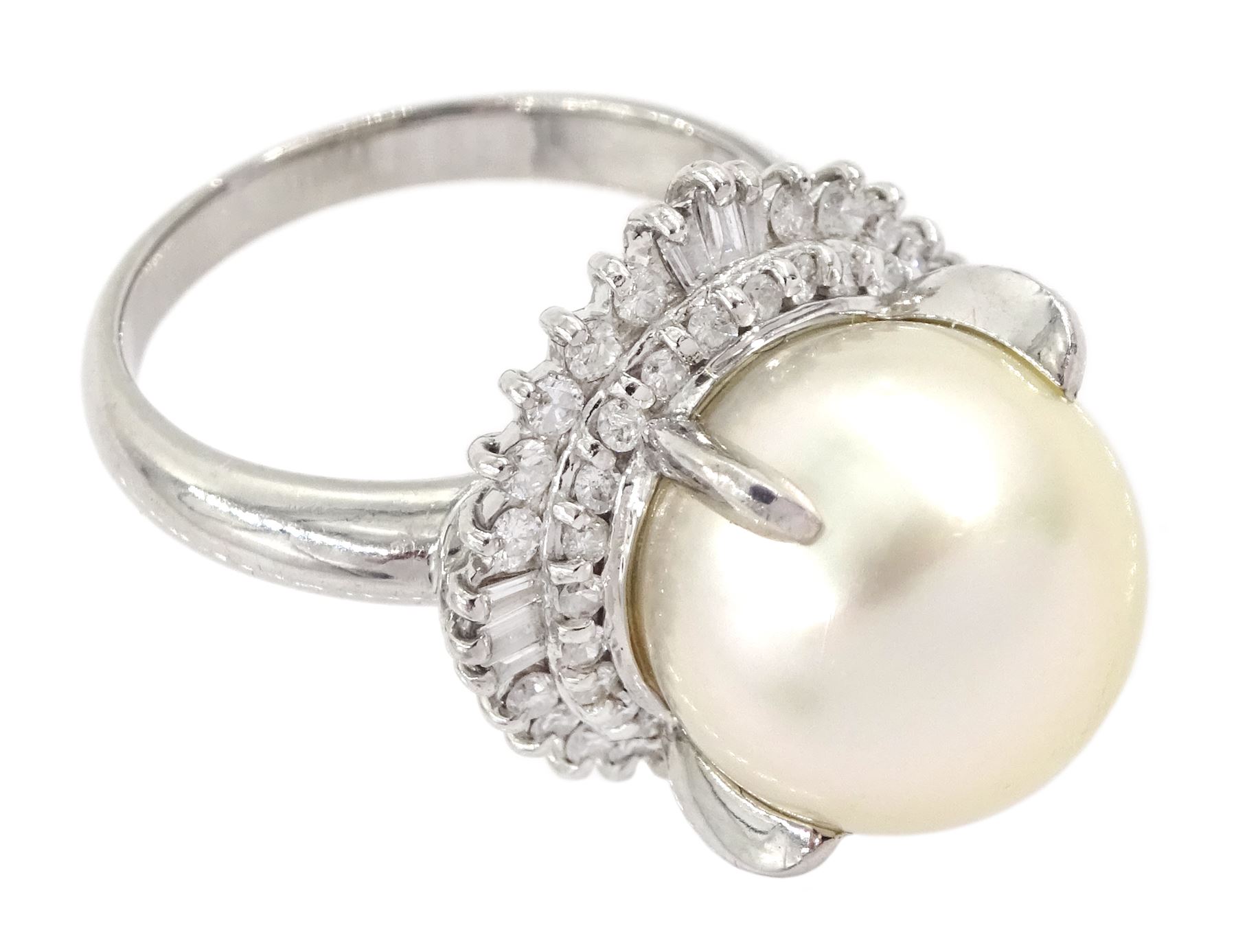 Platinum single stone cultured pearl and diamond cluster ring, stamped, total diamond weight approx 0.50 carat