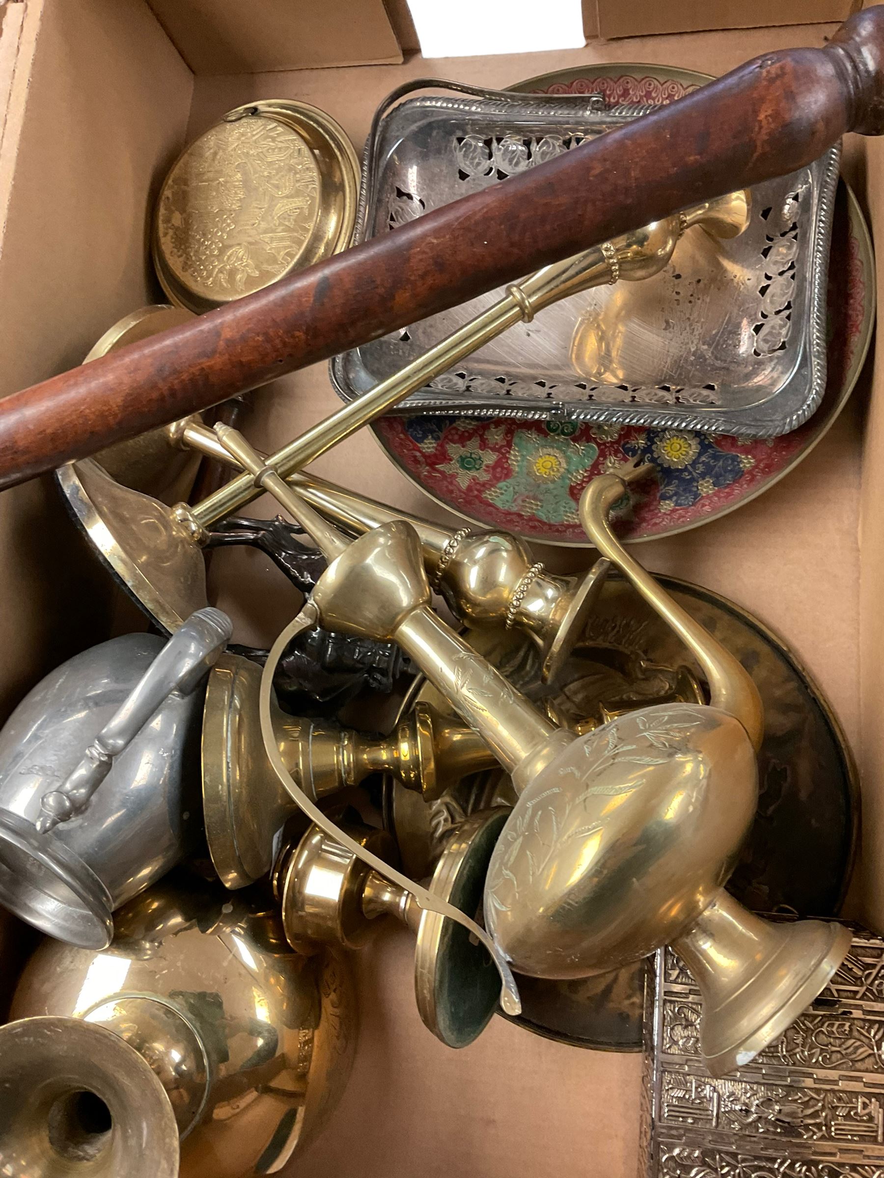 Collection of metalware including trays, copper jugs, candlestick etc, in three boxes 