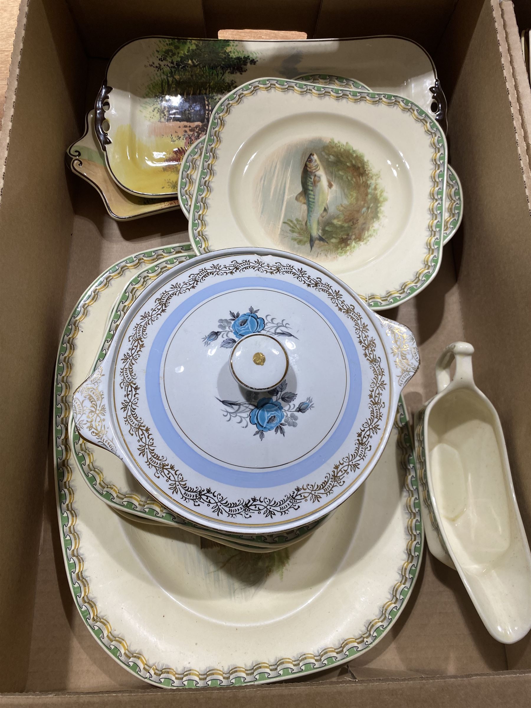 Royal Doulton ceramics, including Old Balloon Seller plate, Willow pattern dinner plates, etc, together with Alfred Meakin Glo White tureens, dinner plates and meat platter and Woods Ivory Ware fish pattern dinner wares