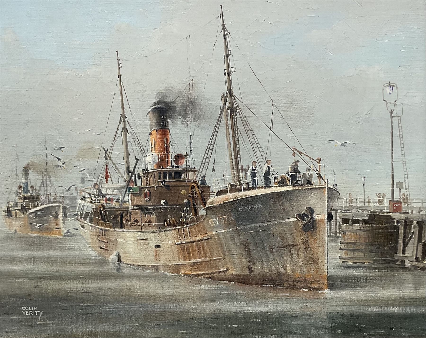 Colin Verity (British 1924-2011): Grimsby Trawler Leaving Port, oil on board signed 28.5cm x 35cm 