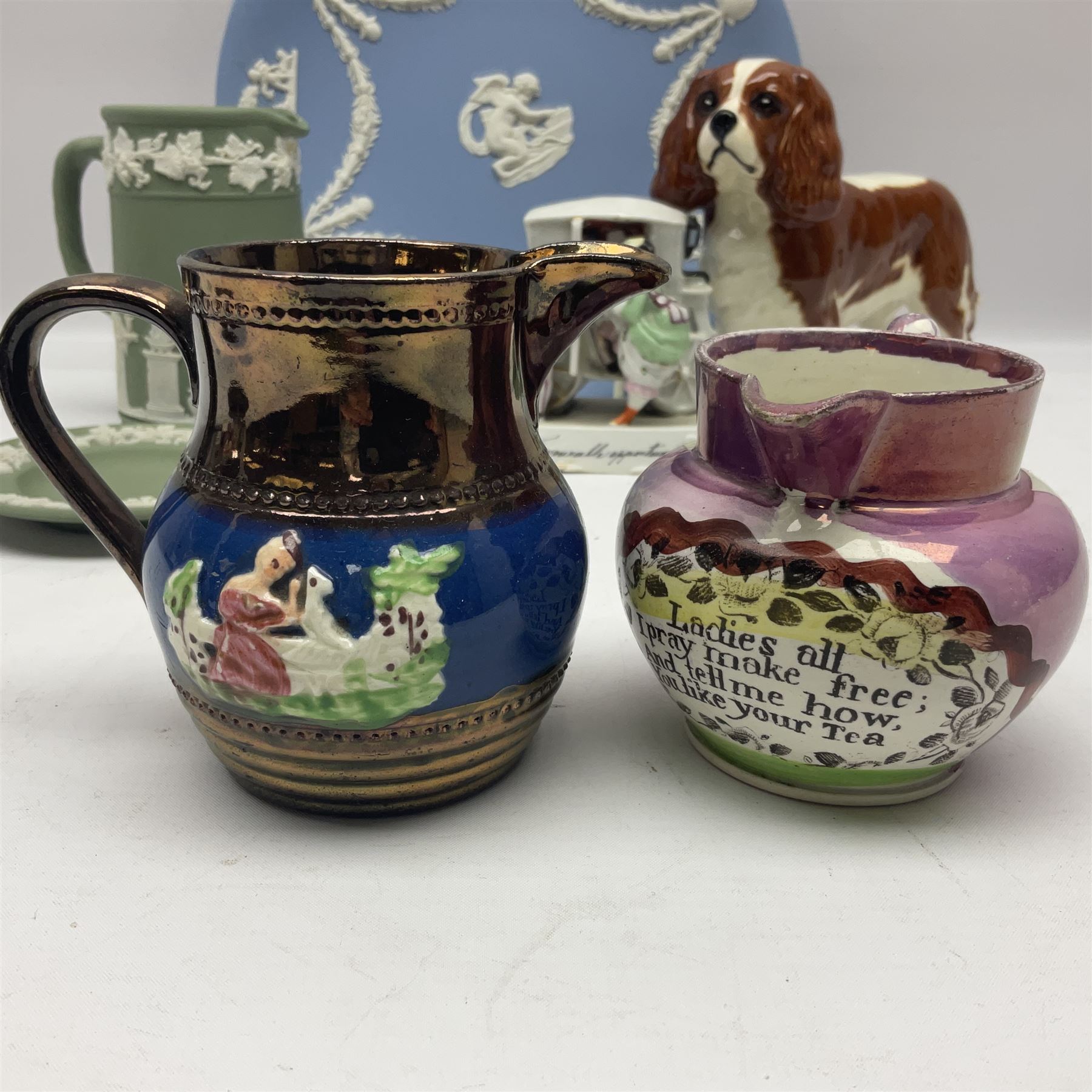 Beswick King Charles Spaniel, together with a Country Artists King Charles Spaniel, four pieces of Wedgwood Jasperware, two lustre jugs, etc