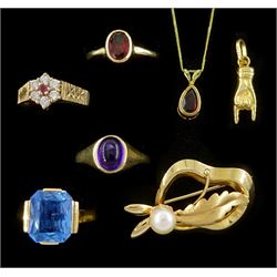 Swedish 20ct gold single stone blue topaz ring, stamped 20K and hallmarked, three 9ct gold stone set rings including amethyst, garnet and pink sapphire and cubic zirconia, 9ct gold garnet necklace, gold brooch and hand pendant, both 18ct