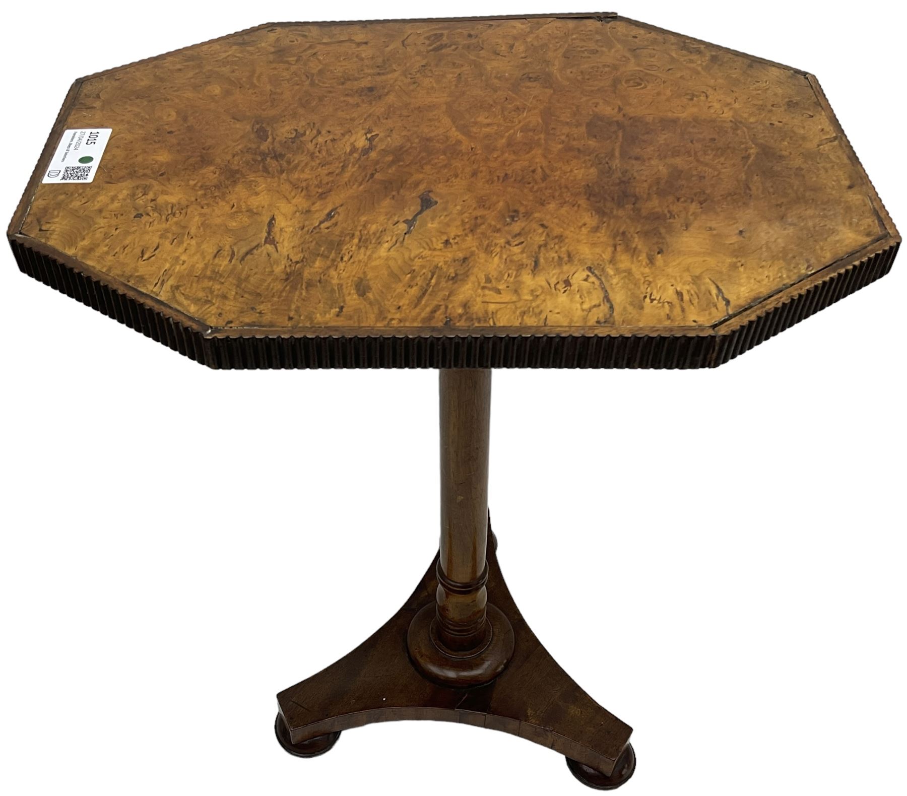 Simkin of London - 19th century figured walnut and mahogany occasional table, canted rectangular top with reed moulded edge, ring turned pedestal on triform platform base with compressed bun feet