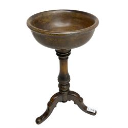 Fruitwood tripod wash basin or planter, the bowl with rolled edge on turned baluster pedestal, three splayed supports