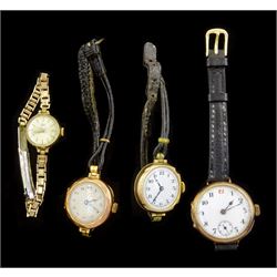 Tudor Royal gold ladies manual wind wristwatch, on gilt strap and three other early 20th century gold manual wind wristwatches, on black leather straps, all cases hallmarked 9ct