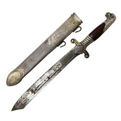 WW2 German RAD (Reichsarbeitdienst) Leader's hewer dagger,  the 25.5cm fullered steel blade engraved Arbeit Adelt (Work Enables) with Eickhorn squirrel maker's mark; scrolling cross-piece, mahogany grip and eagle pommel; in decorative plated scabbard L40cm overall.