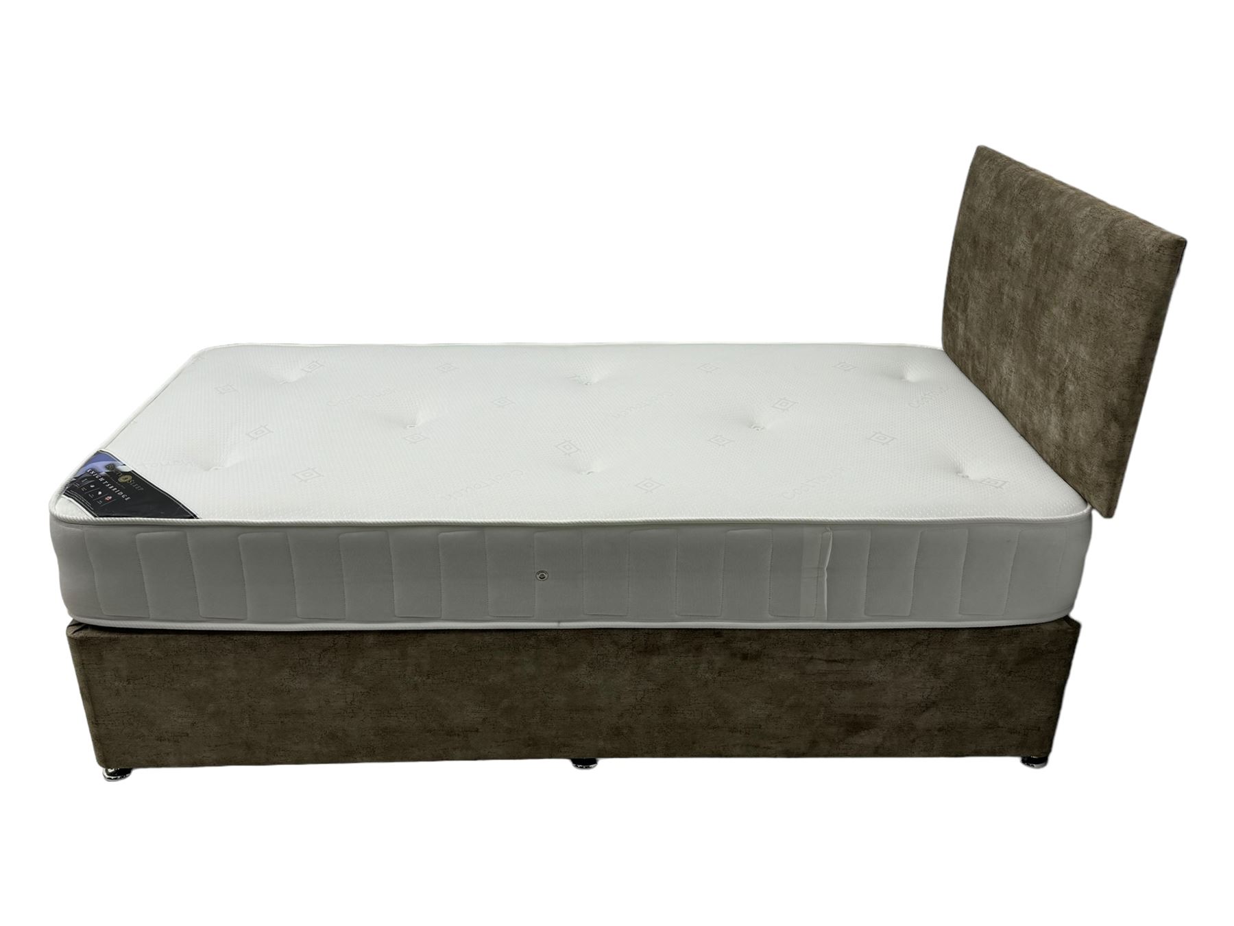 Single size divan bed, upholstered in light gold fabric with high padded headboard; with Beauty Sleep 'Knightsbridge' 13.5 Gauge Bonnell sprung mattress (190 x 95 x 23cm)