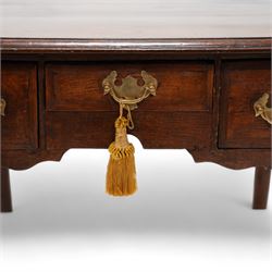 18th century country oak low-boy, rectangular top with moulded edge, fitted with three cross-banded drawers with brass handle plates, shaped apron on cabriole supports with pad feet