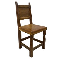 Gnomeman - set of eight (6+2) oak dining chairs, adzed panelled back over tan leather upholstered seat with applied stud band, on square supports united by plain stretchers, each chair carved with gnome signature, by Thomas Whittaker, Littlebeck, Whitby