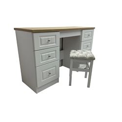 Oak and white finish twin pedestal dressing table or desk, fitted with six drawers and with stool