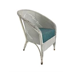 Lloyd Loom design woven wicker armchair in white finish with upholstered seat