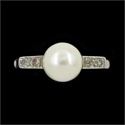 Early 20th century 18ct white gold pearl and four stone diamond ring