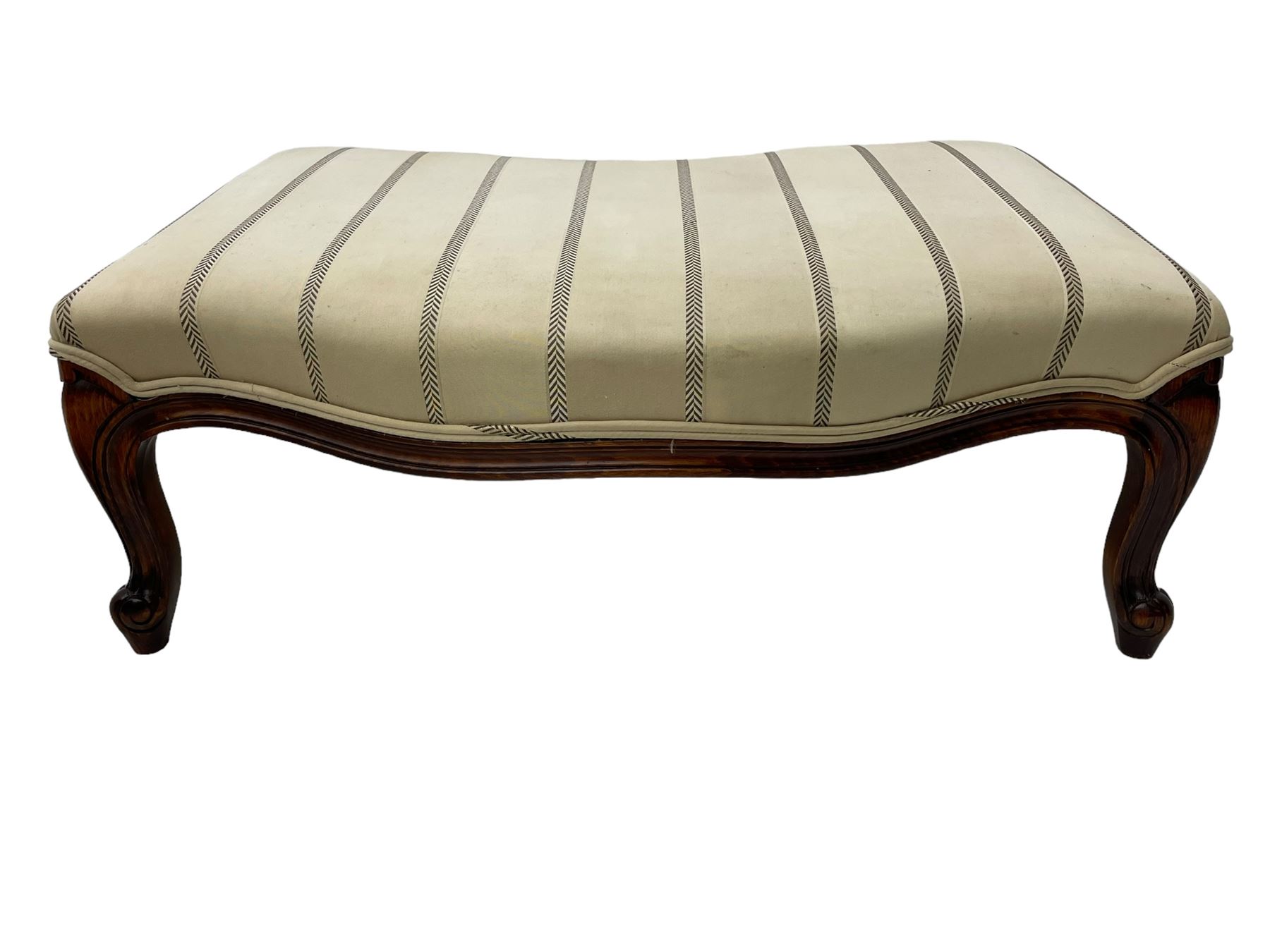 Pair of French design stained beech footstools, shaped form upholstered in pale fabric with herringbone stripe, on cabriole feet with scroll carved terminals 