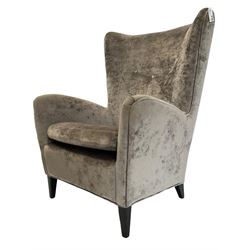 2 x Wing back armchair upholstered in silver crushed velvet fabric