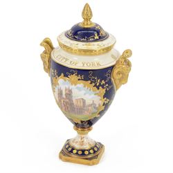 Coalport pedestal vase and cover, of ovoid form, painted by P Gosling, The City of York, c...