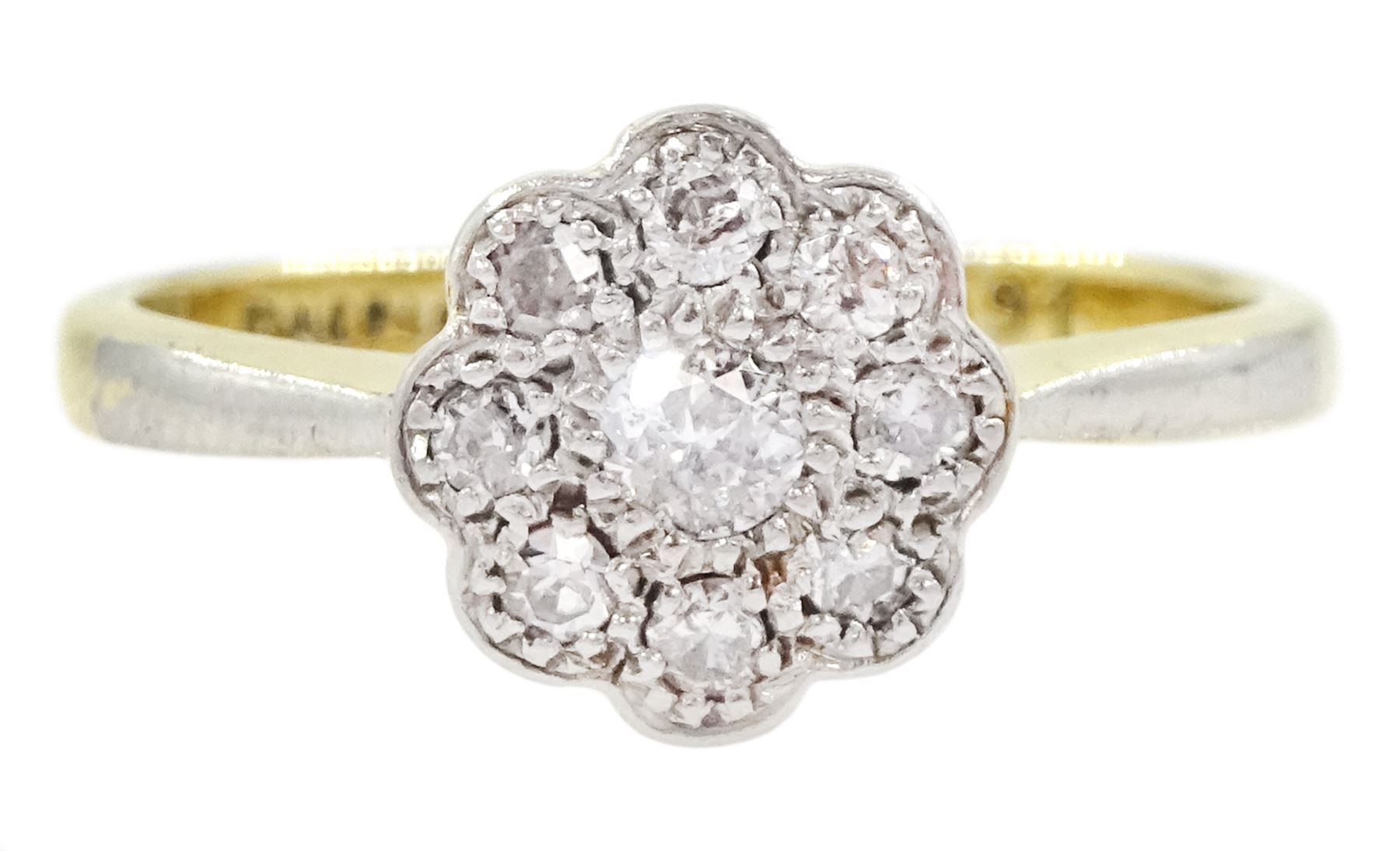 Early - mid 20th century milgrain set transitional cut diamond daisy cluster ring, stamped 18ct Fine Plat, total diamond weight approx 0.25 carat